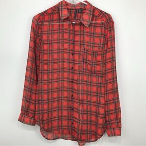 MNG Collection Red Plaid Semi Sheer Lightweight Button Up Long Sleeve Shirt
